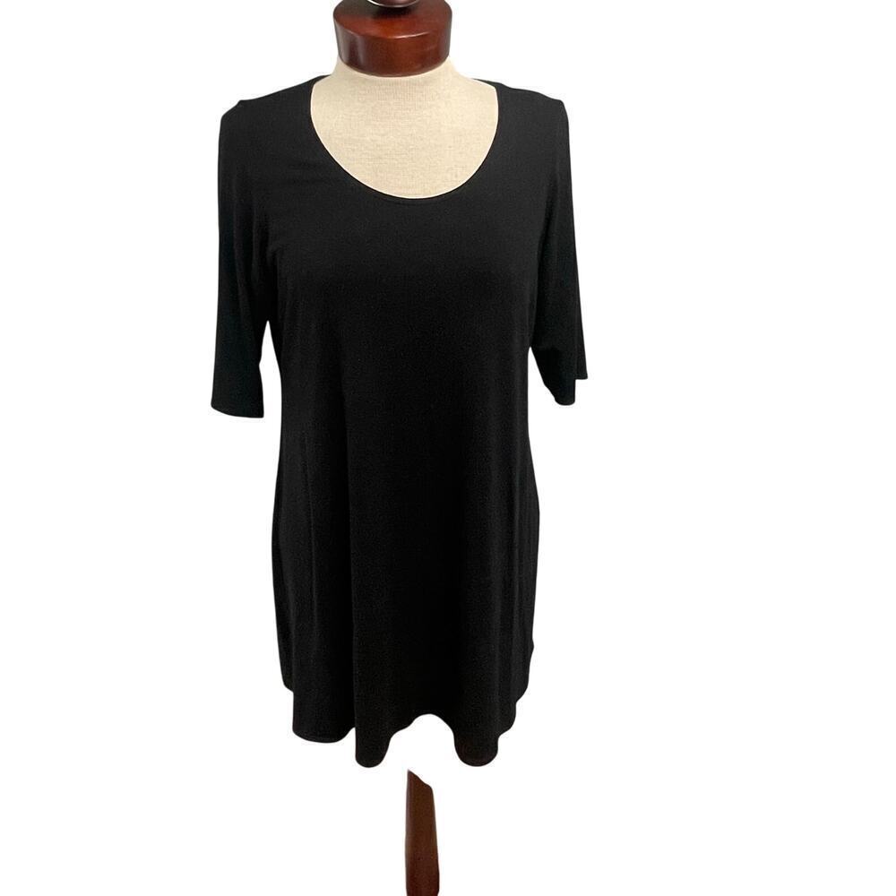 Eileen Fisher Black Scoop Neck Stretch Dress 3/4 Sleeve Size Large Minimalist